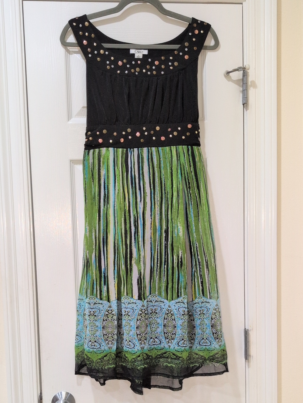 Cato Black Bodice Maxi Dress with Green and Blue Patterned Skirt